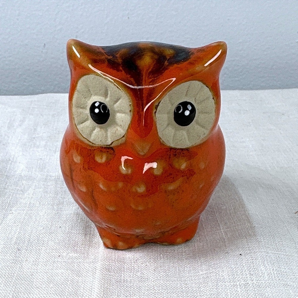 Vintage Orange Drip Glaze Ceramic Owl Figurine MCM